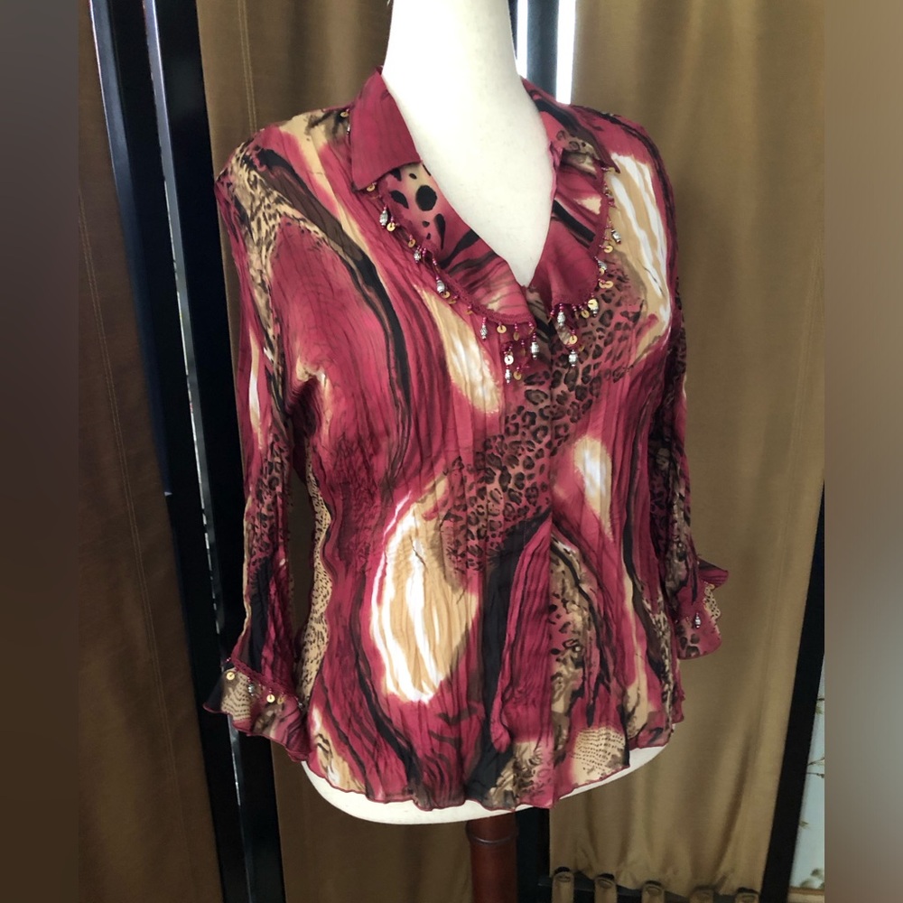 PIANO Crinkle MultiColor Blouse w Beads Sequins Trim
